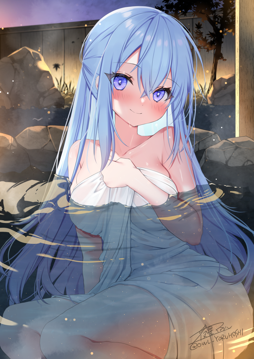 1girl bangs bare_shoulders blue_eyes blue_hair blush breasts crossed_bangs emori_miku emori_miku_project large_breasts long_hair looking_at_viewer naked_towel onsen outdoors paid_reward_available partially_submerged rock sidelocks smile solo thighs towel very_long_hair water wet white_towel yoruhoshi_owl