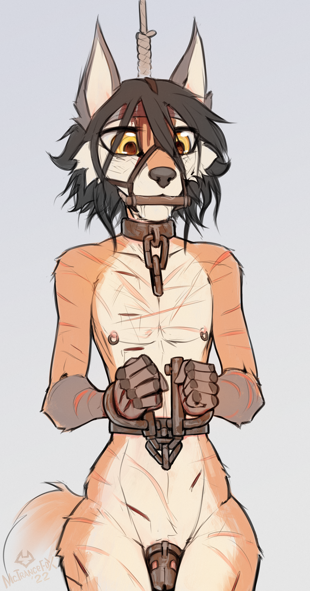 anthro bandage bar_gag black_hair canid canine chain chastity_cage chastity_device colored_sketch cuff_(restraint) curvaceous curvy_figure depression fox gag gagged hair hanged head_wound head_wraps hi_res jewelry mac_(macmegagerc) macmegagerc male mammal nipple_piercing nipple_ring nipples noose piercing restraints ring_piercing scar scared shackled shackled_neck shackles short_hair simple_background sketch solo straps voluptuous wide_hips yellow_eyes