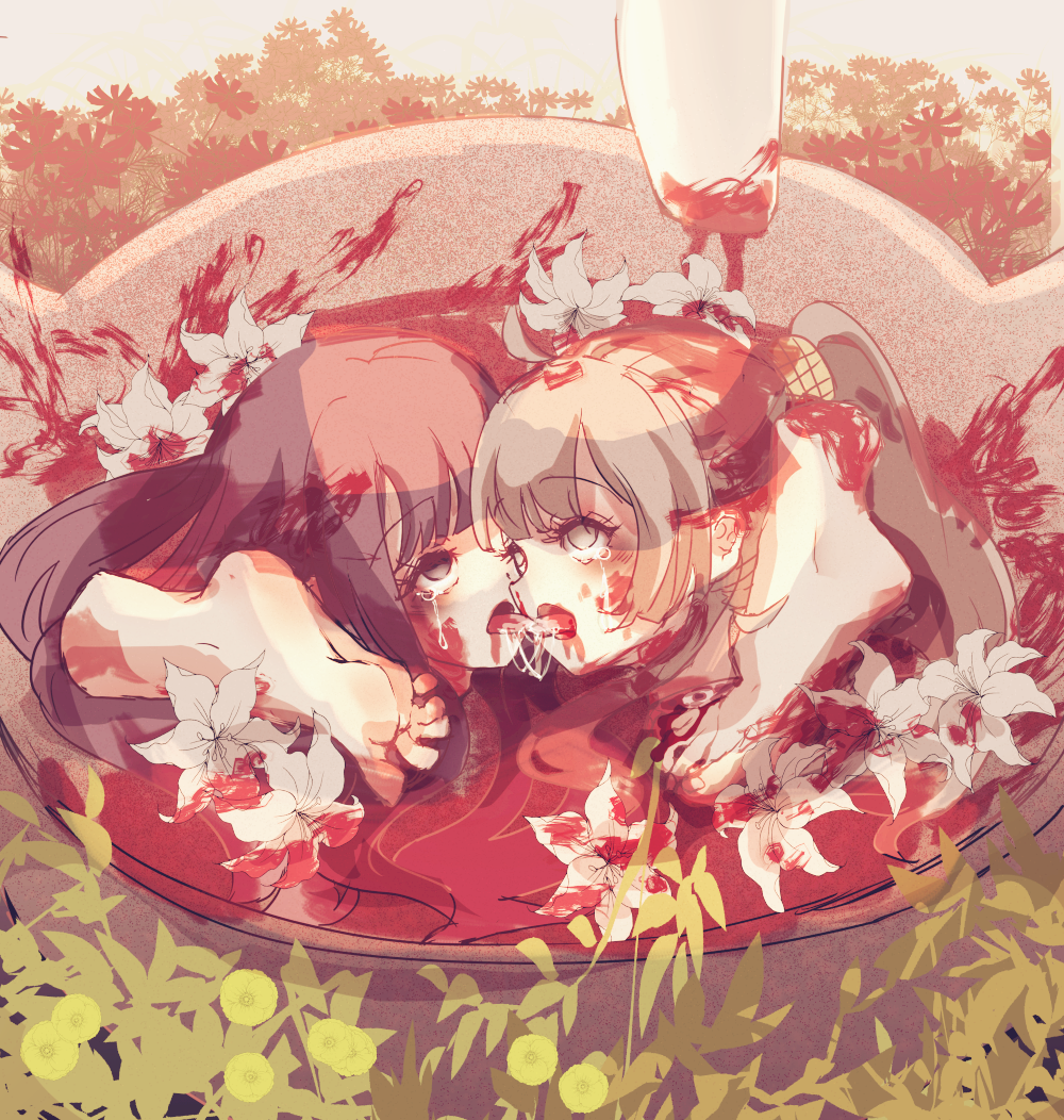 2girls 856685472 bangs blood crying crying_with_eyes_open death decapitation dismemberment empty_eyes feet flower guro multiple_girls original outdoors plant pool_of_blood severed_head tears tongue tongue_out white_flower yuri