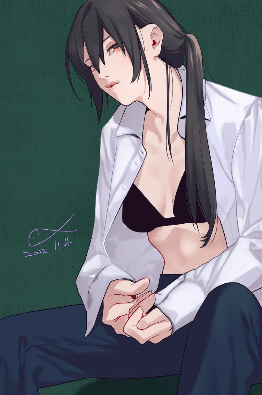 1girl alternate_costume alternate_hairstyle bangs bikini bikini_top_only black_bikini black_hair breasts collarbone collared_shirt commentary_request dated dress_shirt hair_between_eyes hair_over_shoulder highres kantai_collection large_breasts long_hair long_sleeves looking_at_viewer medium_breasts nagato_(kancolle) open_clothes open_shirt own_hands_together pants ponytail reflection shirt shishanmo signature sitting slouching solo spread_legs swimsuit white_shirt