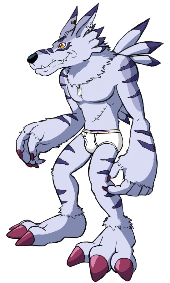 bandai_namco blue_body blue_fur briefs briefs_only canid canine claws clothed clothing digimon digimon_(species) ear_piercing fur male mammal markings muscular piercing simple_background solo thegreatmatsutzu tighty_whities underwear underwear_only weregarurumon white_background white_briefs white_clothing white_underwear yellow_eyes