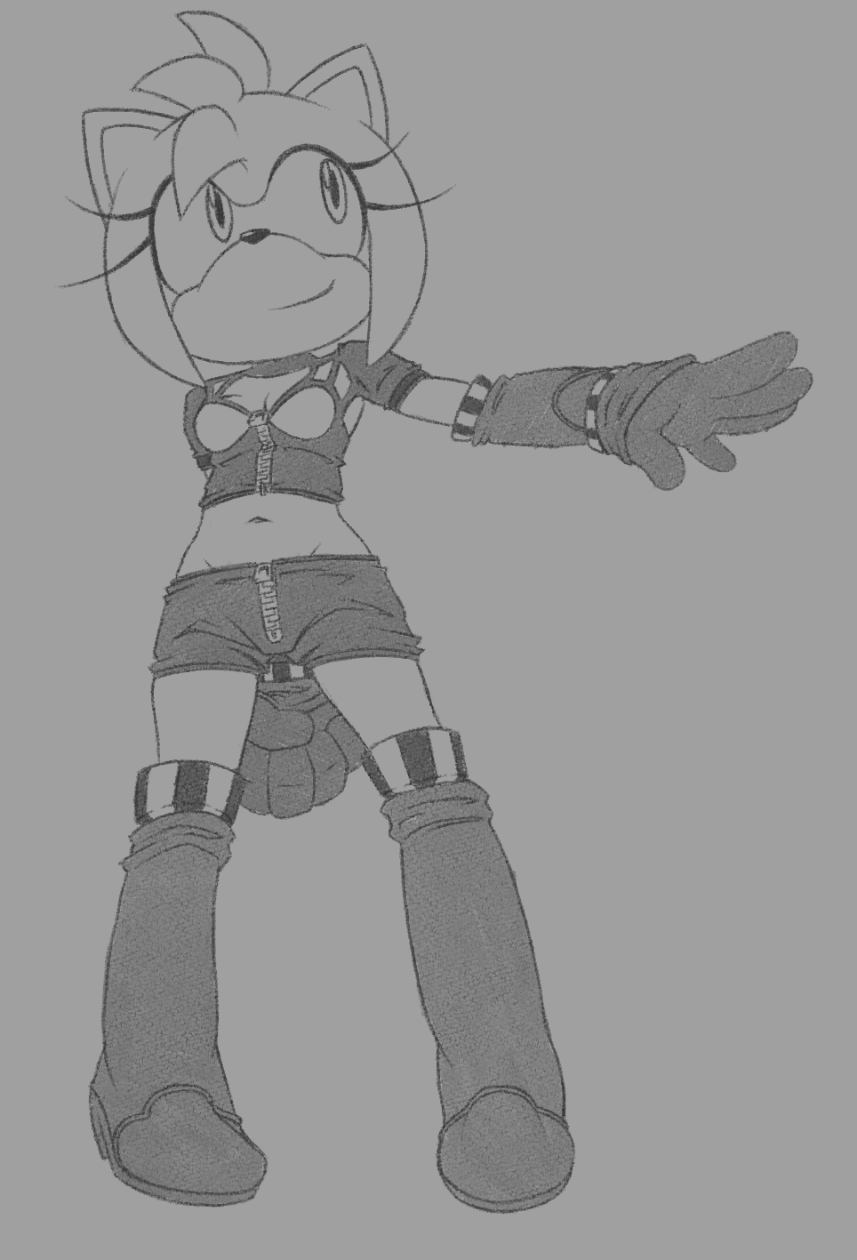 amy_rose anthro boots bottomwear breasts cleavage clothed clothing cosplay crop_top female ffisf footwear gloves handwear hi_res navel sega shirt shorts sonic_the_hedgehog_(series) topwear zipper