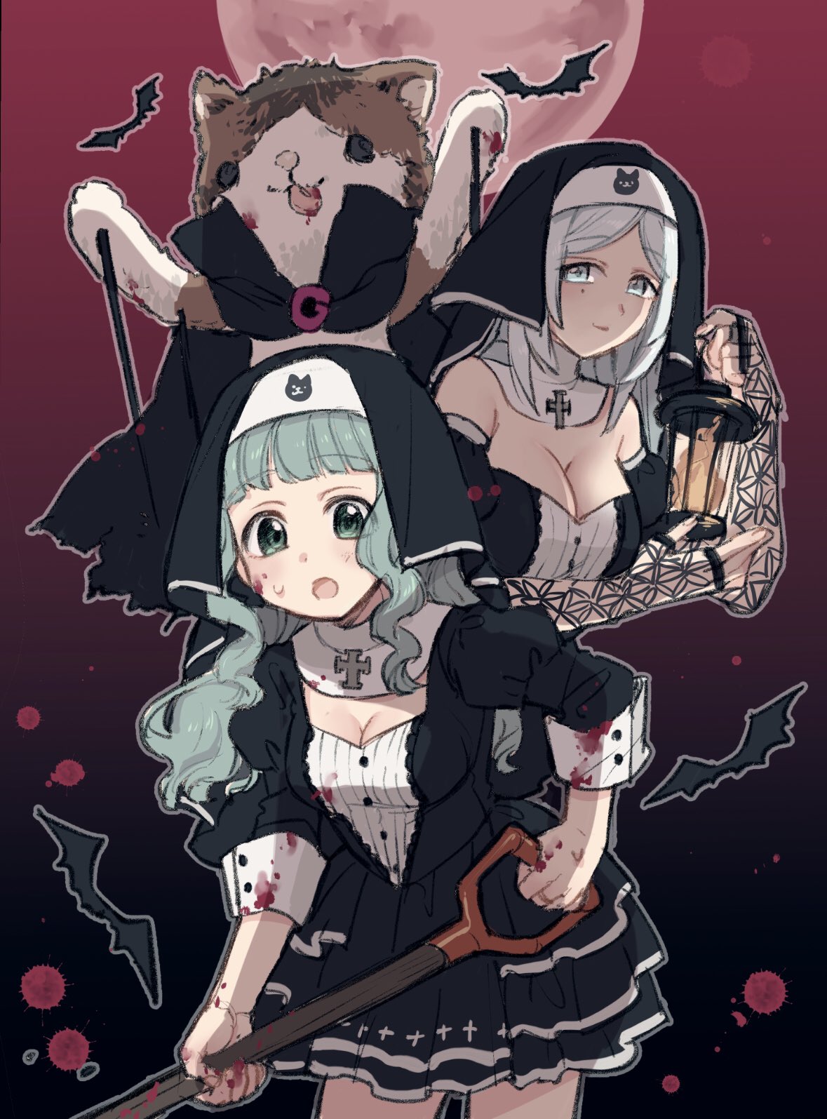 2girls :o aqua_eyes aqua_hair bangs bat_(animal) black_dress blood blood_on_clothes blood_on_face blue_eyes blue_hair blunt_bangs breasts buttons cleavage closed_mouth cross dress fingerless_gloves frilled_dress frills futaba_sana gloves habit hair_down highres holding holding_lantern holding_shovel juliet_sleeves lantern light_blue_hair long_hair long_sleeves looking_at_viewer magia_record:_mahou_shoujo_madoka_magica_gaiden mahou_shoujo_madoka_magica mole mole_on_cheek mole_under_eye moon multiple_girls nontraditional_nun open_mouth outline parted_bangs puffy_sleeves puppet red_sky scarf short_dress shovel sidelocks sky sleeves_past_wrists sleeves_rolled_up smile strapless strapless_dress stuffed_animal stuffed_cat stuffed_toy sweat toki_sunao wavy_hair white_scarf yukishiro_(hitsuji)