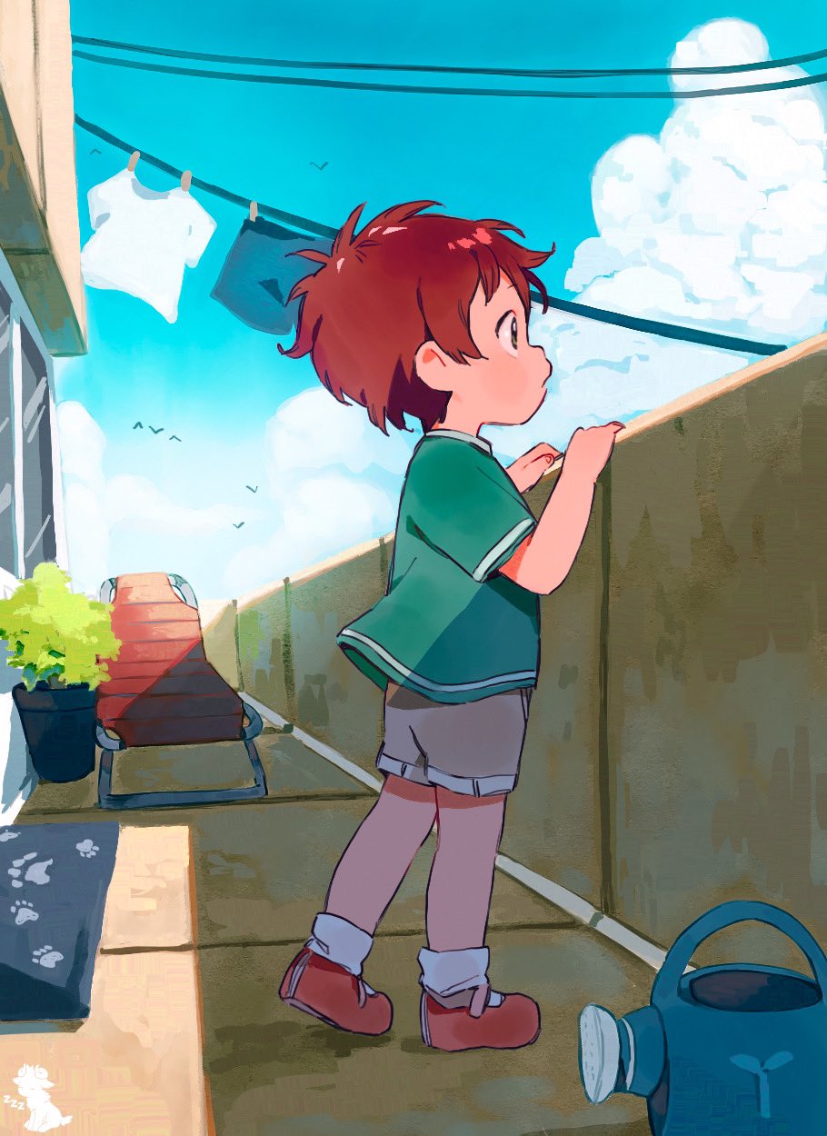 1boy balcony bird_wings child cloud commentary day english_commentary from_side full_body green_shirt guard_rail highres male_child male_focus original outdoors red_footwear red_hair shirt short_hair short_sleeves shorts sky solo standing symbol-only_commentary thebrushking window wings