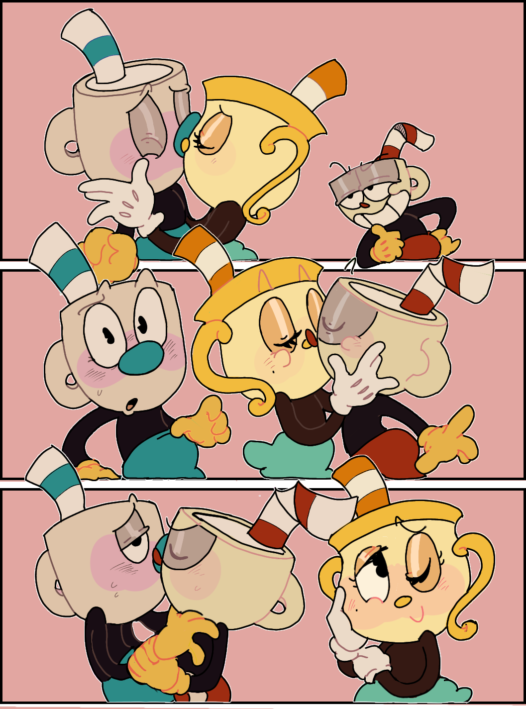 animate_inanimate anthro bisexual bottomwear clothing cuphead_(character) cuphead_(game) female for_a_head gloves group handwear hi_res humanoid male male/female male/male mole_under_eye moraaaaaaa ms._chalice mugman object_head shorts skirt trio video_games