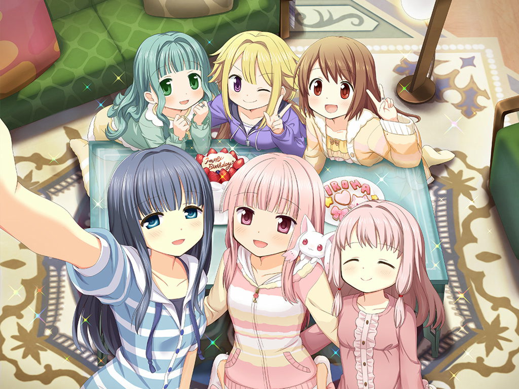 6+girls :d ;) aqua_cardigan aqua_hair bangs birthday_cake blonde_hair blue_eyes blue_hair blue_pajamas blunt_bangs blush brown_eyes brown_hair buttons cake cardigan carpet center_frills character_name closed_eyes cookie couch dot_nose drawstring dress food frilled_shirt frilled_sleeves frills fruit futaba_sana futaba_sana_(pajamas_costume) game_cg green_eyes hair_down hand_on_another's_back hood hoodie indoors jewelry kyubey long_hair long_sleeves looking_at_viewer low_tied_sidelocks magia_record:_mahou_shoujo_madoka_magica_gaiden mahou_shoujo_madoka_magica mitsuki_felicia mitsuki_felicia_(pajamas_costume) multiple_girls nanami_yachiyo nanami_yachiyo_(pajamas_costume) official_art one_eye_closed open_mouth orange_cardigan orange_pajamas orange_shirt pajamas pink_eyes pink_hair pink_hoodie pink_shirt pocket purple_eyes purple_hoodie red_eyes ring selfie shirt short_sleeves sidelocks small_kyubey smile sparkle strawberry striped striped_hoodie table tamaki_iroha tamaki_iroha_(pajamas_costume) tamaki_ui upper_body v wavy_hair yellow_dress yellow_hoodie yui_tsuruno yui_tsuruno_(pajamas_costume) zipper