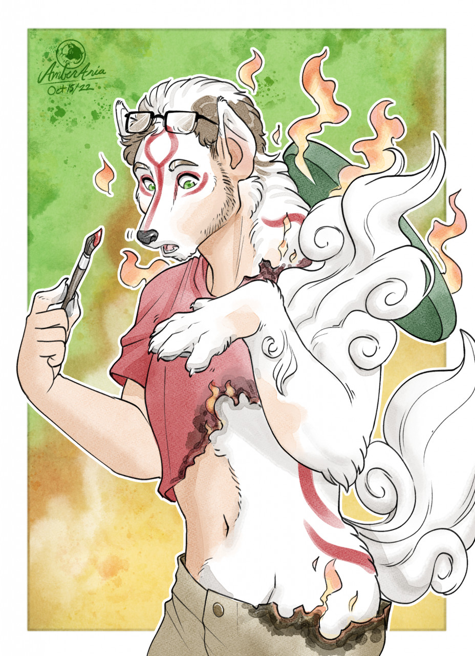 amaterasu amber-aria anthro bottomwear brush burning_clothing canid canine canis capcom clothing deity eyewear eyewear_on_head fire fur glasses glasses_on_head green_eyes hi_res human male mammal paintbrush pants shirt solo species_transformation tf_into_fictional_character topwear transformation video_games white_body white_fur wolf ōkami