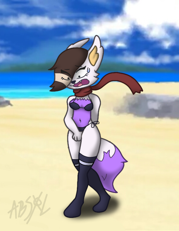 absoldraws anthro beach bikini bikini_pull bikini_thong black_hair bodily_fluids clothed clothed/nude clothing clothing_pull curvaceous curvy_anthro curvy_body curvy_female curvy_figure dash dawn_(pok&eacute;mon) embarrassed exited female fur hair hybrid legwear nintendo nude pokemon purple_body purple_fur scarf seaside solo string_bikini sweat swimwear swimwear_pull thigh_highs video_games voluptuous whitefur wide_hips worried_look