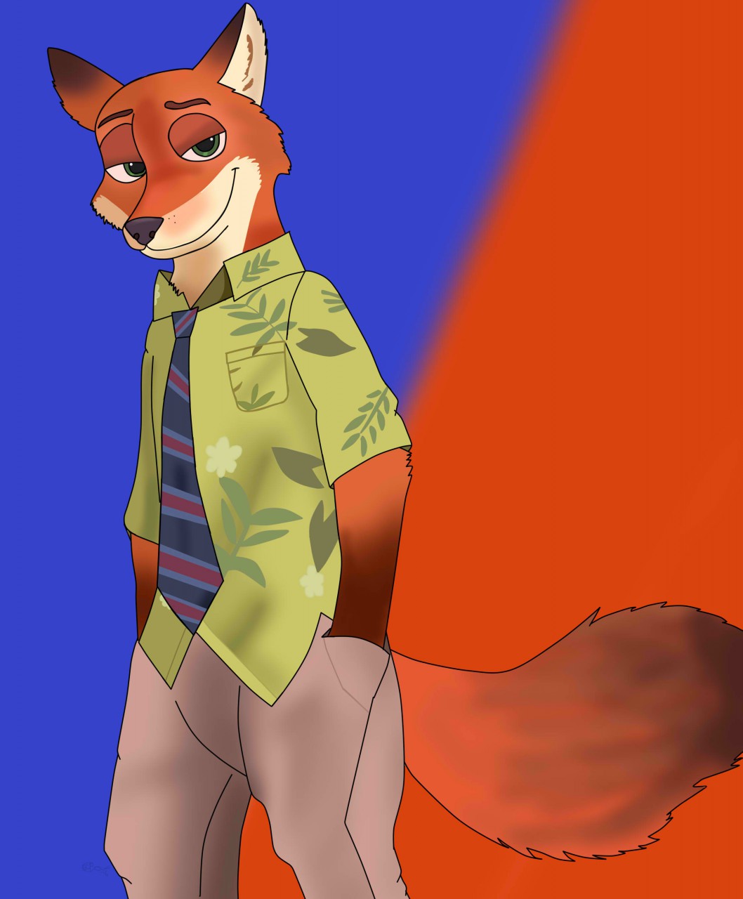 2016 anthro bottomwear canid canine clothed clothing disney ears_up fox fur half-closed_eyes hand_in_pocket hands_in_both_pockets hi_res inner_ear_fluff jimfoxx looking_at_viewer male mammal mouth_closed narrowed_eyes necktie nick_wilde pants pockets raised_tail shirt smile smiling_at_viewer smirk solo standing topwear tuft zootopia