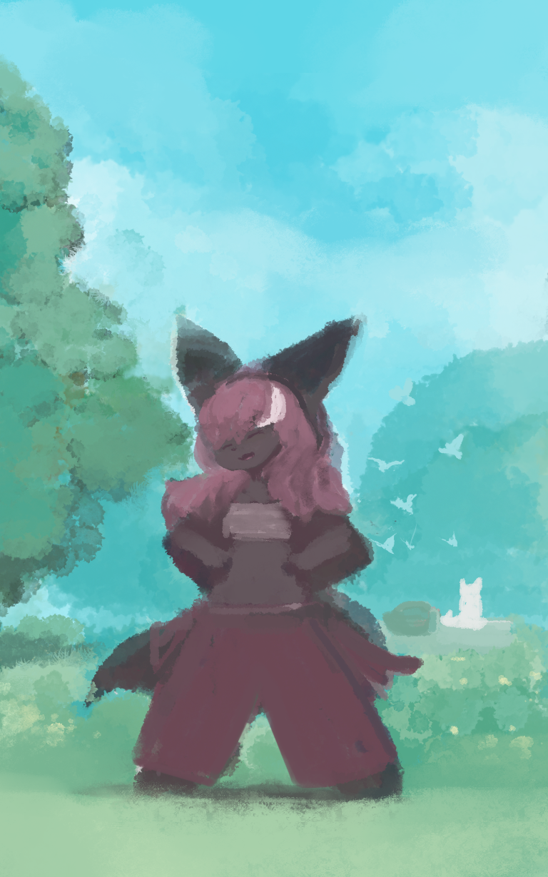 avian bangs barefoot bird black_ears black_tail blue_sky bottomwear canid canine chest_wraps clothing cloud day duo eyes_closed featureless_hands feet fur grass hair hand_on_hip hi_res hooki kemono long_hair mal_(hasukii) mammal open_mouth plant prick_ears red_body red_bottomwear red_clothing red_fur red_hair silhoutte sitting sky smile standing tree unknown_character white_body white_ears white_fur white_hair white_tail wraps