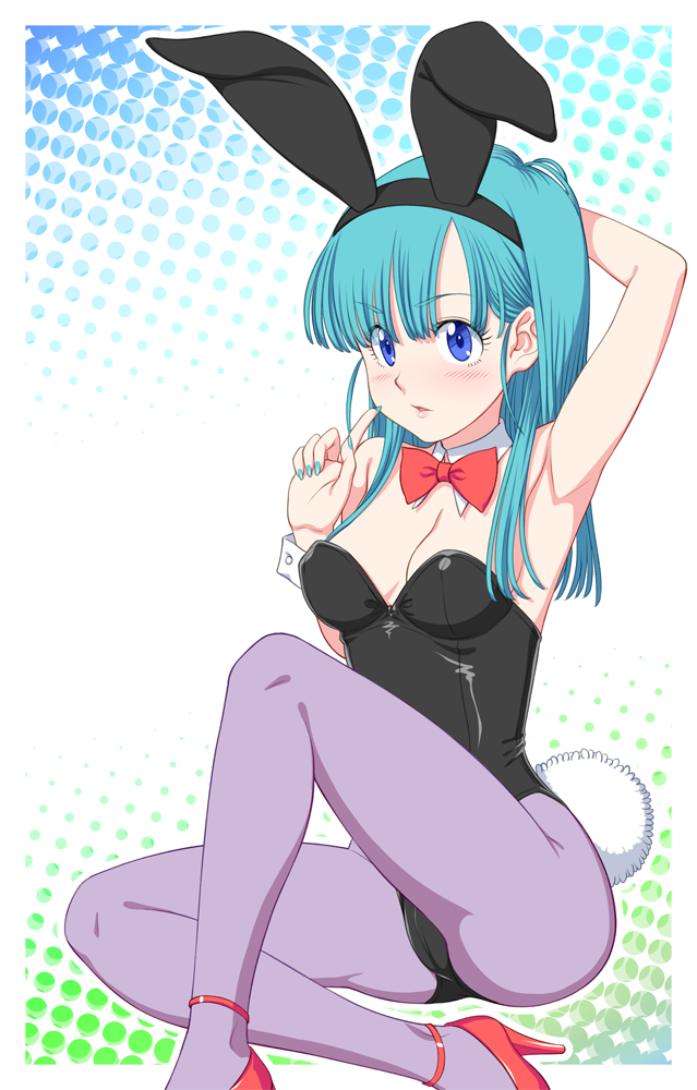 1girl animal_ears aqua_hair bare_legs barefoot black_leotard blue_eyes bow bowtie breasts bulma cleavage commentary_request detached_collar dragon_ball dragon_ball_(classic) fugetsu_taku high_heels index_finger_raised leotard long_hair pantyhose playboy_bunny purple_pantyhose rabbit_ears rabbit_tail red_bow red_bowtie red_footwear sitting solo strapless strapless_leotard tail wrist_cuffs