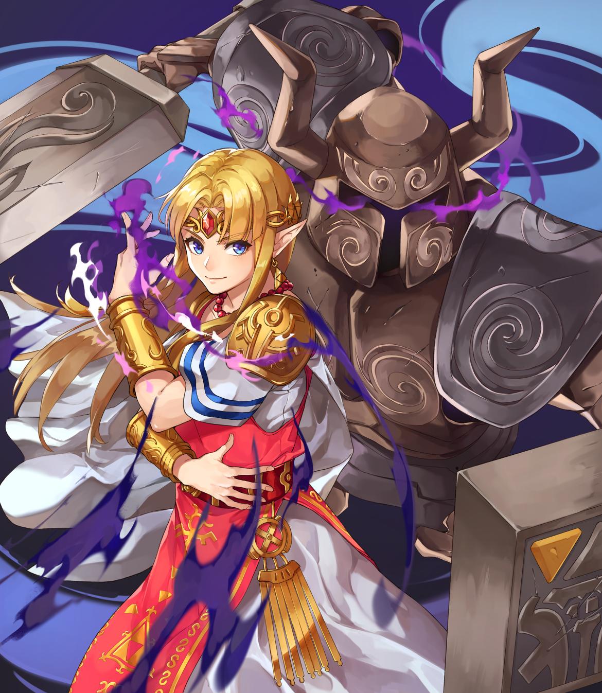 1girl armor blonde_hair blue_eyes dress earrings gloves helmet highres horned_helmet jewelry kamu_(kamuuei) long_hair looking_at_viewer nintendo phantom_(the_legend_of_zelda) pointy_ears princess_zelda solo super_smash_bros. super_smash_bros._ultimate the_legend_of_zelda the_legend_of_zelda:_a_link_between_worlds tiara triforce