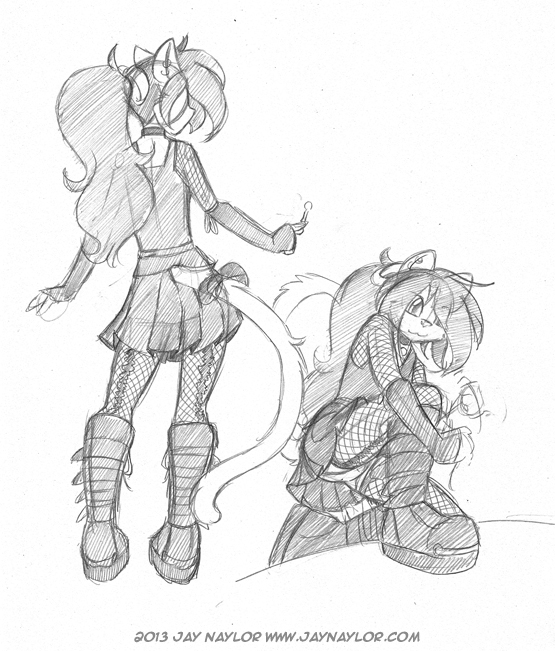 2013 anthro bethany_(jay_naylor) boots clothed clothing conditional_dnp domestic_cat ear_piercing ear_ring felid feline felis female fishnet footwear jay_naylor mammal on_one_knee piercing ponytail rear_view ribbons sketch skirt solo standing traditional_media_(artwork) upskirt url