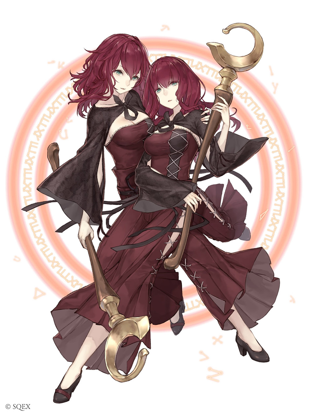 2girls angelic_alphabet cross-laced_clothes devola eyebrows_visible_through_hair full_body green_eyes highres holding holding_staff ji_no looking_at_viewer magic_circle medium_hair messy_hair multiple_girls nier nier_(series) official_art parted_lips popola red_hair siblings sinoalice sisters square_enix staff twins white_background wide_sleeves