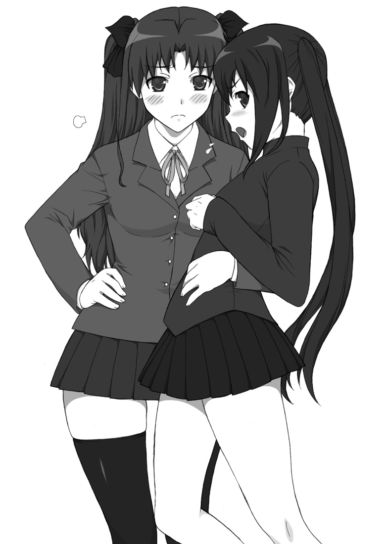 cosplay costume_switch fate/stay_night fate_(series) greyscale hand_on_hip k-on! long_hair monochrome multiple_girls nakano_azusa ribbon school_uniform shichimenchou simple_background skindentation skirt thighhighs toosaka_rin twintails two_side_up zettai_ryouiki