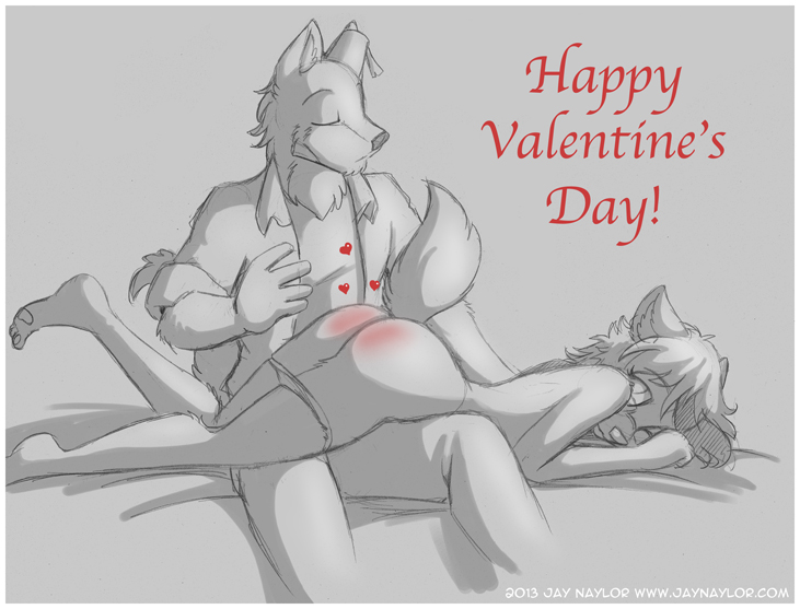 &lt;3 2013 anthro butt canid canine canis clothed clothing conditional_dnp duo eyes_closed female fez fleki fur hair holidays jay_naylor lying male mammal on_front one_eye_closed panties panties_down pawpads reddened_butt shirt sitting spanking topless underwear url valentine's_day wolf