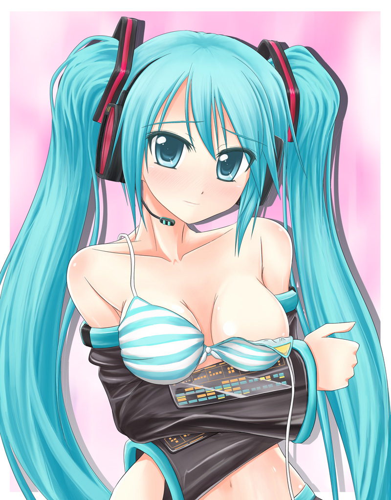 aqua_eyes aqua_hair bra breasts detached_sleeves hatsune_miku headset large_breasts lingerie long_hair mugityax navel solo striped striped_bra twintails underwear vocaloid