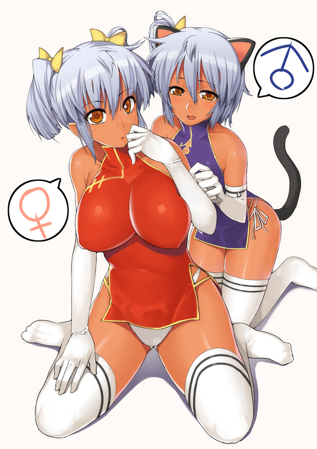 1girl animal_ears bad_id bad_pixiv_id breasts cat_ears china_dress chinese_clothes crossdressing dark_skin dress elbow_gloves gloves impossible_clothes impossible_shirt large_breasts nagase_haruhito original otoko_no_ko shirt silver_hair tail thighhighs