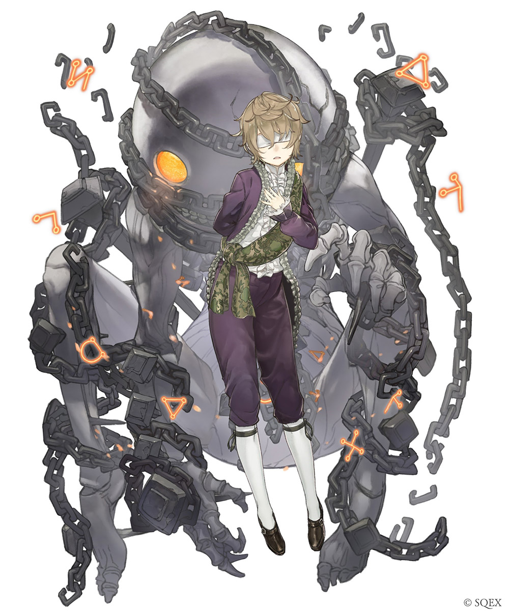 1boy 1girl angelic_alphabet arm_behind_back blindfold brown_hair chains emil_(nier) frills full_body glowing glowing_eyes grin halua hand_on_own_chest highres impaled ji_no looking_at_viewer nier nier_(series) official_art parted_lips siblings sinoalice skeleton smile square_enix white_background