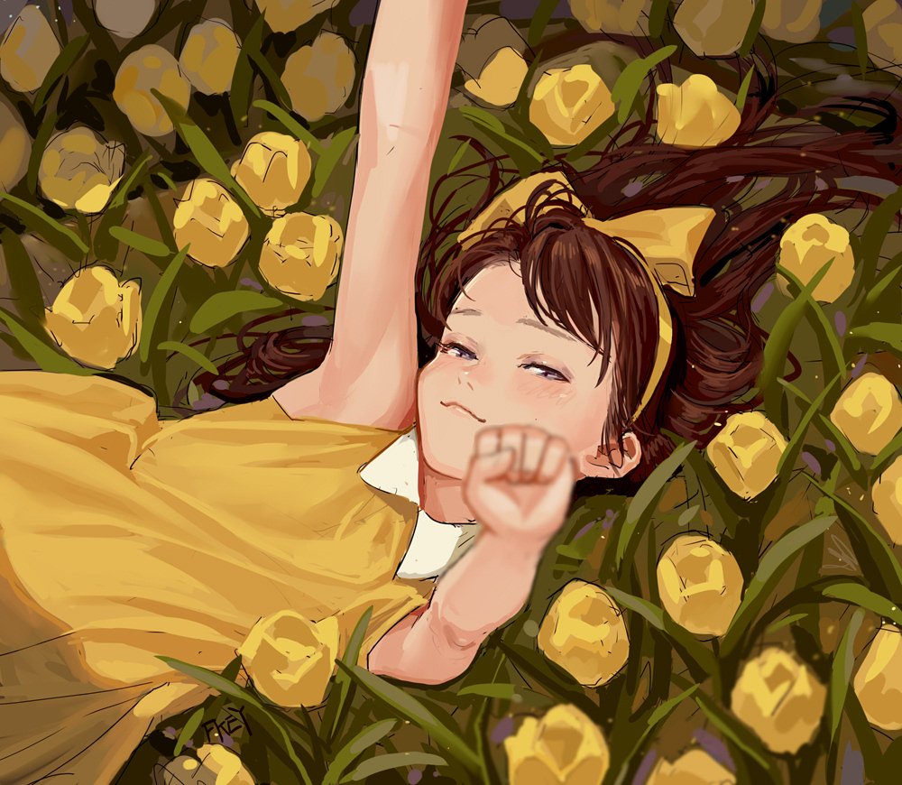 1girl artist_name blurry bow brown_hair depth_of_field dress fkey flower from_above hair_bow looking_at_viewer lying on_back original sketch smile yellow_dress yellow_flower