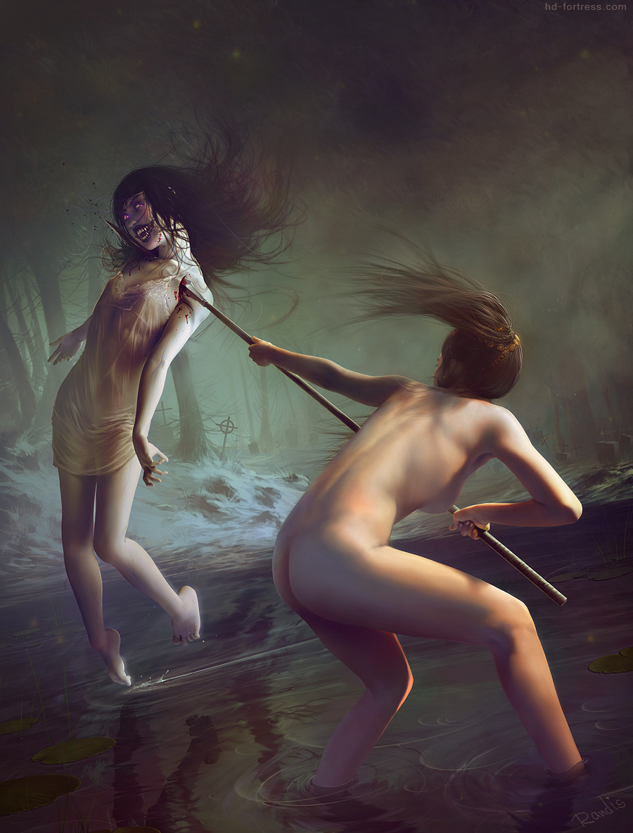 ass back barefoot battle black_hair blood blood_on_face breasts brown_hair cross dark death earrings fangs feet from_behind glowing glowing_eyes grave hair_ornament head_tilt impaled jewelry leaning legs lift lily_pad long_hair medium_breasts multiple_girls nightgown nude open_mouth original polearm ponytail randis realistic red_eyes reflection ripples sideboob spear stabbed stabbing tree vampire veins violence wading water weapon
