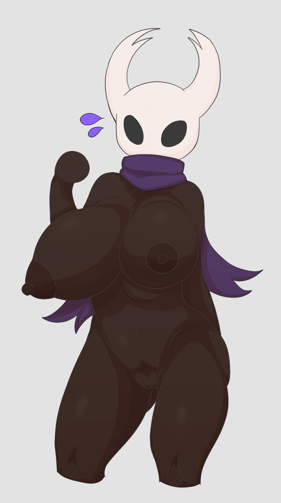 anthro arthropod belly big_breasts black_body black_nipples blue_cloak bodily_fluids breasts cloak clothing female genitals hand_behind_back hi_res hollow_eyes hollow_knight horn insect looking_at_viewer navel neiliousdyson nipples pussy raising_arm solo sweat sweatdrop team_cherry vessel_(species) video_games