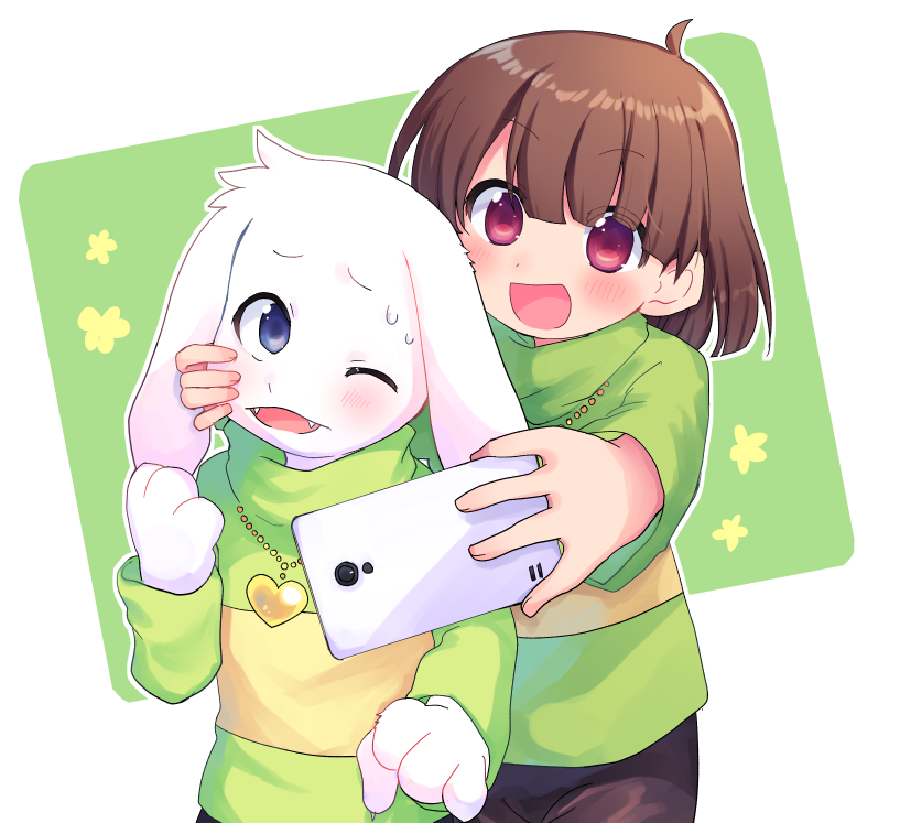 1boy 1girl asriel_dreemurr bangs black_shorts blue_eyes brown_hair chara_(undertale) green_background green_sweater heart heart_necklace holding holding_phone jewelry long_sleeves looking_at_another matching_outfit necklace one_eye_closed open_mouth phone red_eyes selfie shorts smile striped striped_sweater sweat sweater undertale white_background xox_xxxxxx