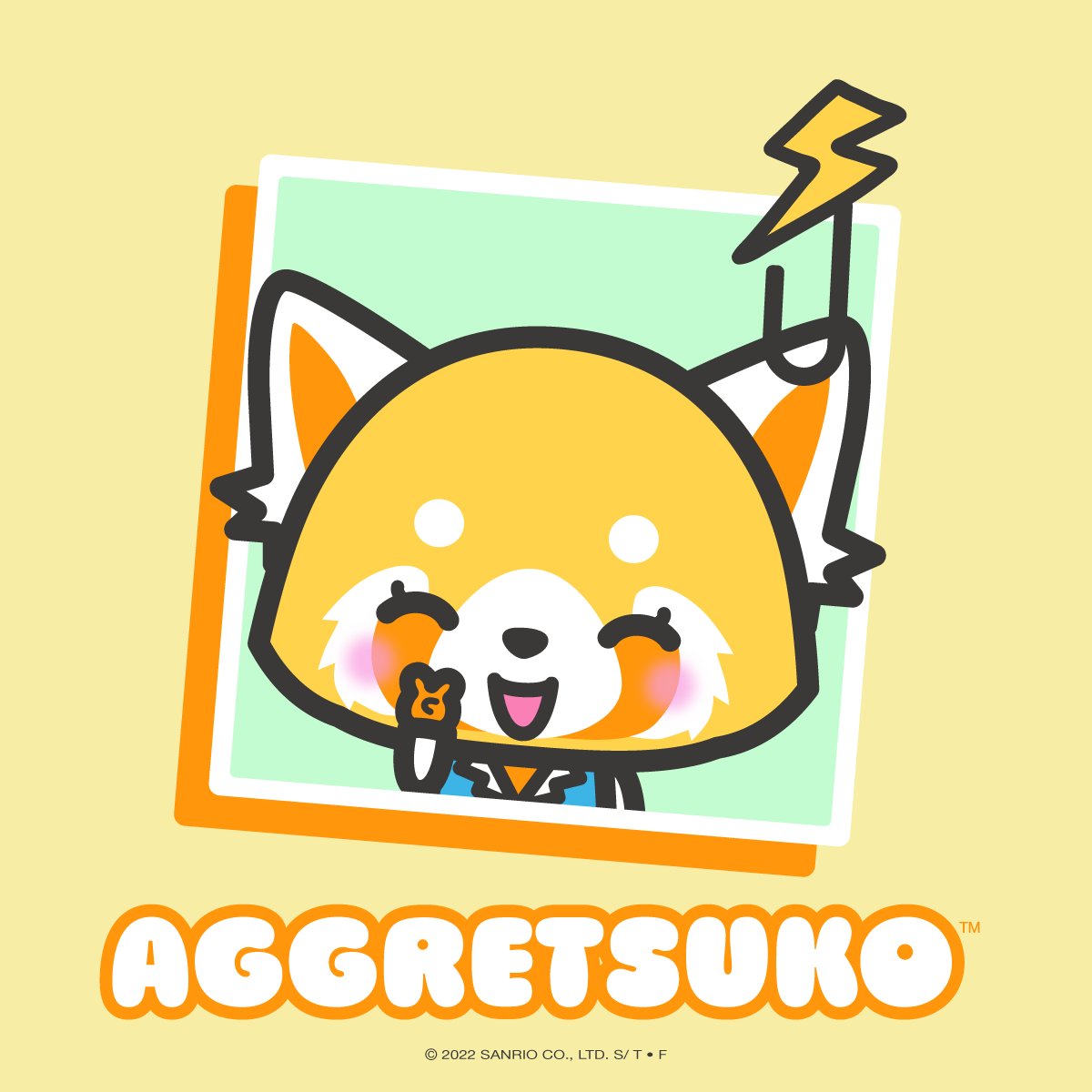 2022 :d aggressive_retsuko ailurid anthro big_ears big_head big_text black_nose blush business_suit clothed clothing english_text eyelashes eyes_closed female fur gesture green_background hi_res lightning_bolt mammal multicolored_body multicolored_ears multicolored_fur official_art open_mouth orange_body orange_ears orange_fur portrait pose raised_arm red_panda retsuko round_head sanrio shadow shirt simple_background smile smiling_at_viewer solo suit text toony topwear unknown_artist v_sign white_body white_ears white_fur yellow_background