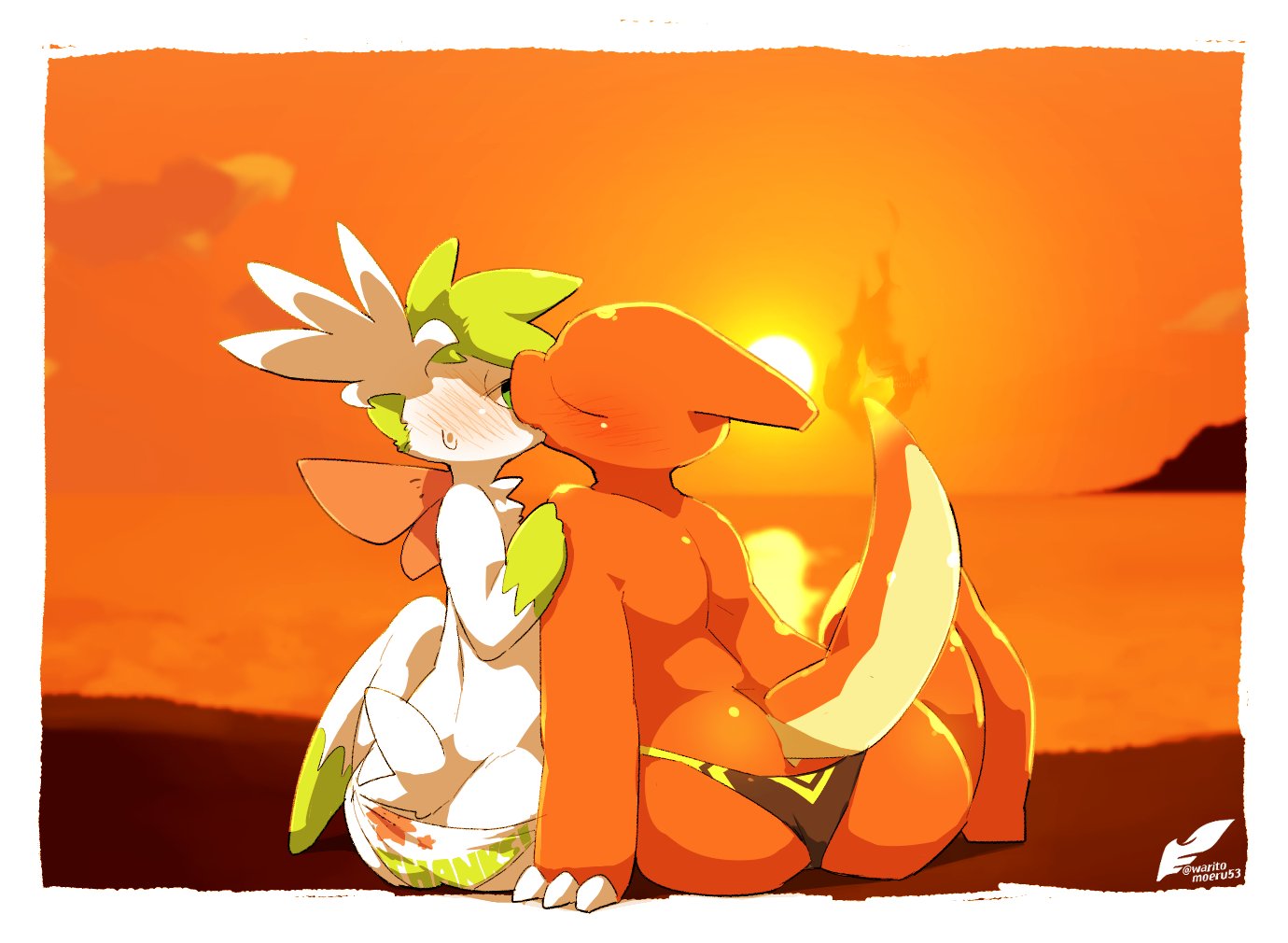 butt charmeleon clothing duo generation_1_pokemon generation_4_pokemon kissing legendary_pokemon male male/male moesouna_gomi nintendo pokemon pokemon_(species) shaymin sitting sky_forme_shaymin speedo sunset swimwear video_games