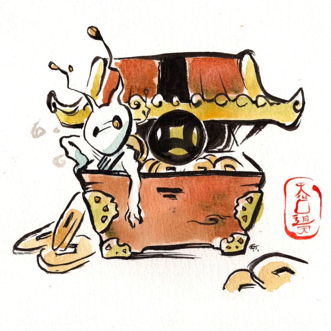 ambiguous_gender antennae_(anatomy) chest_(container) coin colored feral ghost gimmighoul gimmighoul_(chest_form) ink inside_box painting_(artwork) purrfectdoodle red_box signature simple_background solo spirit traditional_media_(artwork) watercolor_(artwork) white_body yellow_eyes