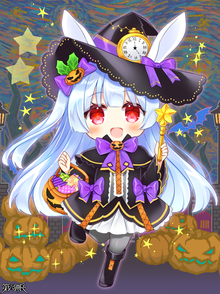 1girl :d animal_ears bangs black_capelet black_dress black_footwear black_headwear blue_hair boots bow candy_wrapper capelet character_request chibi dairoku_ryouhei dress ears_through_headwear fence full_body grey_pantyhose halloween halloween_bucket hat hat_bow holding holding_wand jack-o'-lantern lamppost long_hair long_sleeves looking_at_viewer one_side_up pantyhose pocket_watch purple_bow rabbit_ears red_eyes roman_numeral shikito smile solo standing standing_on_one_leg star_(symbol) star_print very_long_hair wand watch wide_sleeves witch_hat