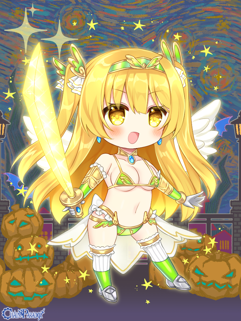 1girl :d armor bare_shoulders bikini bikini_armor blonde_hair breasts chain_paradox character_request chibi feathered_wings fence full_body gloves glowing glowing_sword glowing_weapon green_bikini halloween headpiece holding holding_sword holding_weapon jack-o'-lantern lamppost long_hair looking_at_viewer medium_breasts navel shikito smile solo sparkle swimsuit sword thighhighs two_side_up very_long_hair weapon white_gloves white_thighhighs white_wings wings yellow_eyes