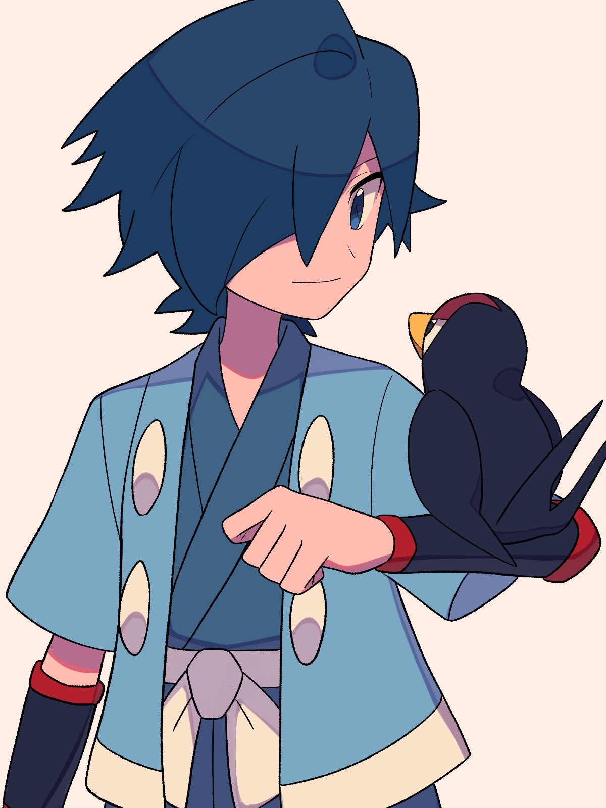 1boy animal_on_arm bangs bird bird_on_arm black_wristband blue_eyes blue_hair blue_jacket blue_kimono closed_mouth commentary_request falkner_(pokemon) hair_over_one_eye hand_up haori highres jacket japanese_clothes kimono male_focus open_clothes open_jacket pokemon pokemon_(creature) pokemon_(game) pokemon_hgss pokemon_on_arm sash short_hair short_sleeves smile taillow tyako_089 white_background wristband