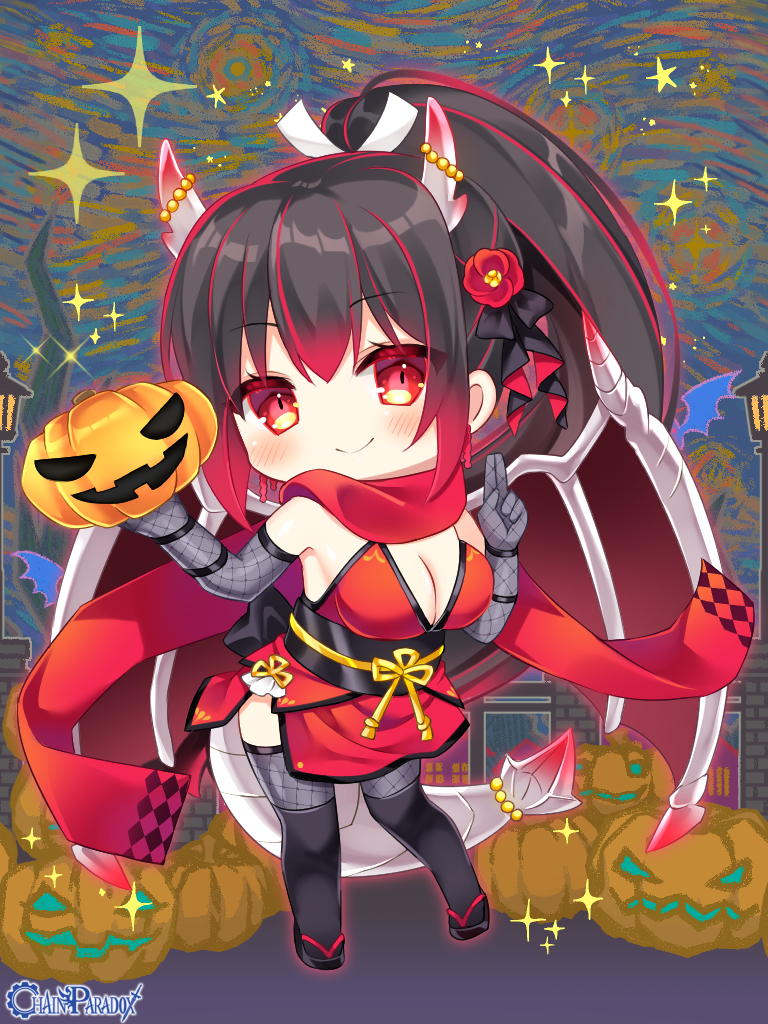 1girl bare_shoulders black_footwear black_hair black_thighhighs blush breasts chain_paradox character_request chibi cleavage closed_mouth dragon_girl dragon_horns dragon_tail dragon_wings dress elbow_gloves fence fishnet_gloves fishnet_thighhighs fishnets flower full_body gloves grey_gloves grey_thighhighs hair_flower hair_ornament halloween high_ponytail horns jack-o'-lantern kuji-in lamppost large_breasts long_hair looking_at_viewer multicolored_hair ponytail red_dress red_eyes red_flower red_hair red_wings shikito smile solo sparkle streaked_hair tail thighhighs very_long_hair wings zouri