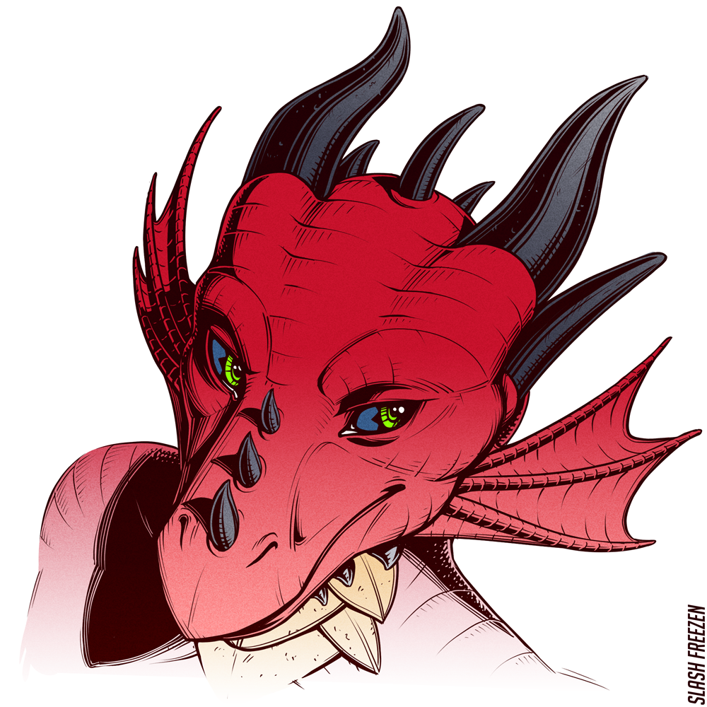 1:1 ambiguous_gender anthro artist_name black_horn blue_sclera bust_portrait ceras_ajuvelat cheek_frill dark_sclera dragon facial_horn glistening glistening_eyes green_eyes head_spikes horn looking_aside mouth_closed nose_horn portrait red_body red_frill scalie simple_background slash_freezen solo spikes spikes_(anatomy) white_background