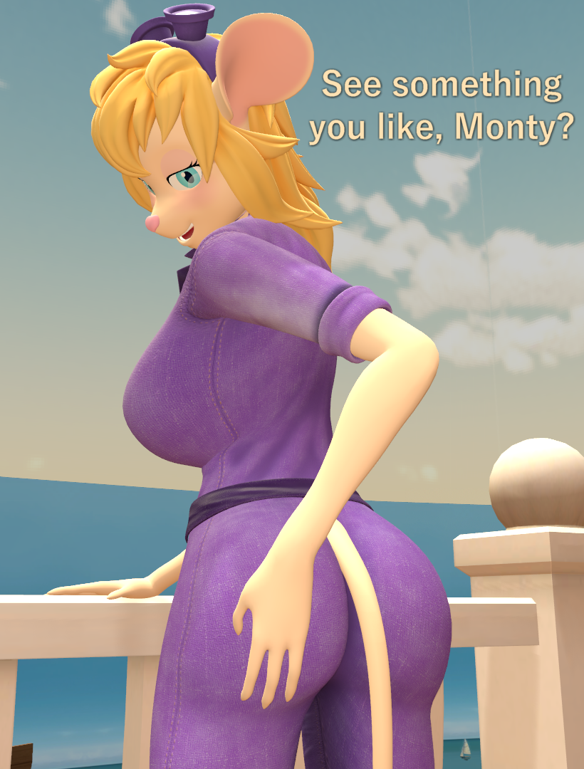 anthro big_breasts big_butt blonde_hair breasts butt chip_'n_dale_rescue_rangers clothed clothing dialogue disney female gadget_hackwrench hair holding_butt mammal mouse murid murine papadragon69 rodent solo