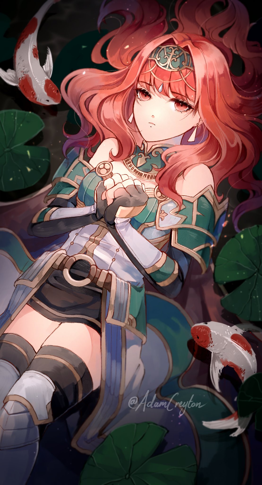 1girl armor bare_shoulders black_gloves black_thighhighs breastplate celica_(fire_emblem) creyton earrings expressionless fingerless_gloves fire_emblem fire_emblem_echoes:_shadows_of_valentia fire_emblem_heroes gloves green_armor highres jewelry koi official_alternate_costume red_eyes red_hair solo thighhighs twitter_username zettai_ryouiki