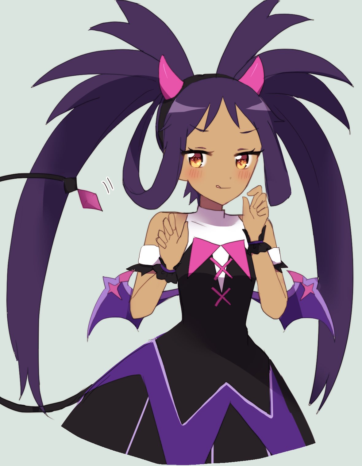 1girl :q armlet bangs bare_shoulders black_dress blush brown_eyes closed_mouth commentary_request dark-skinned_female dark_skin dress eyelashes grey_background hair_rings halloween_costume hands_up highres iris_(fall_2022)_(pokemon) iris_(pokemon) long_hair official_alternate_costume ohn_pkmn pokemon pokemon_(game) pokemon_masters_ex pokemon_wings purple_hair smile solo tail tongue tongue_out twintails wrist_cuffs