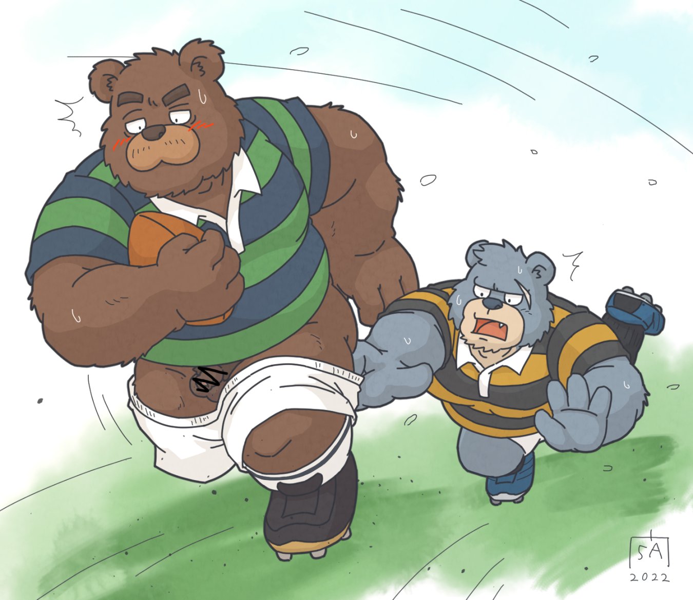 2022 anthro balls blush bodily_fluids bottomwear brown_body brown_fur censored clothing duo flaccid fur genitals goyemon_k grey_body grey_fur humanoid_hands kemono kumalino male mammal penis roast_(kumalino) rugby rugby_ball rugby_uniform sanrio scar shirt shorts slightly_chubby sweat topwear ursid