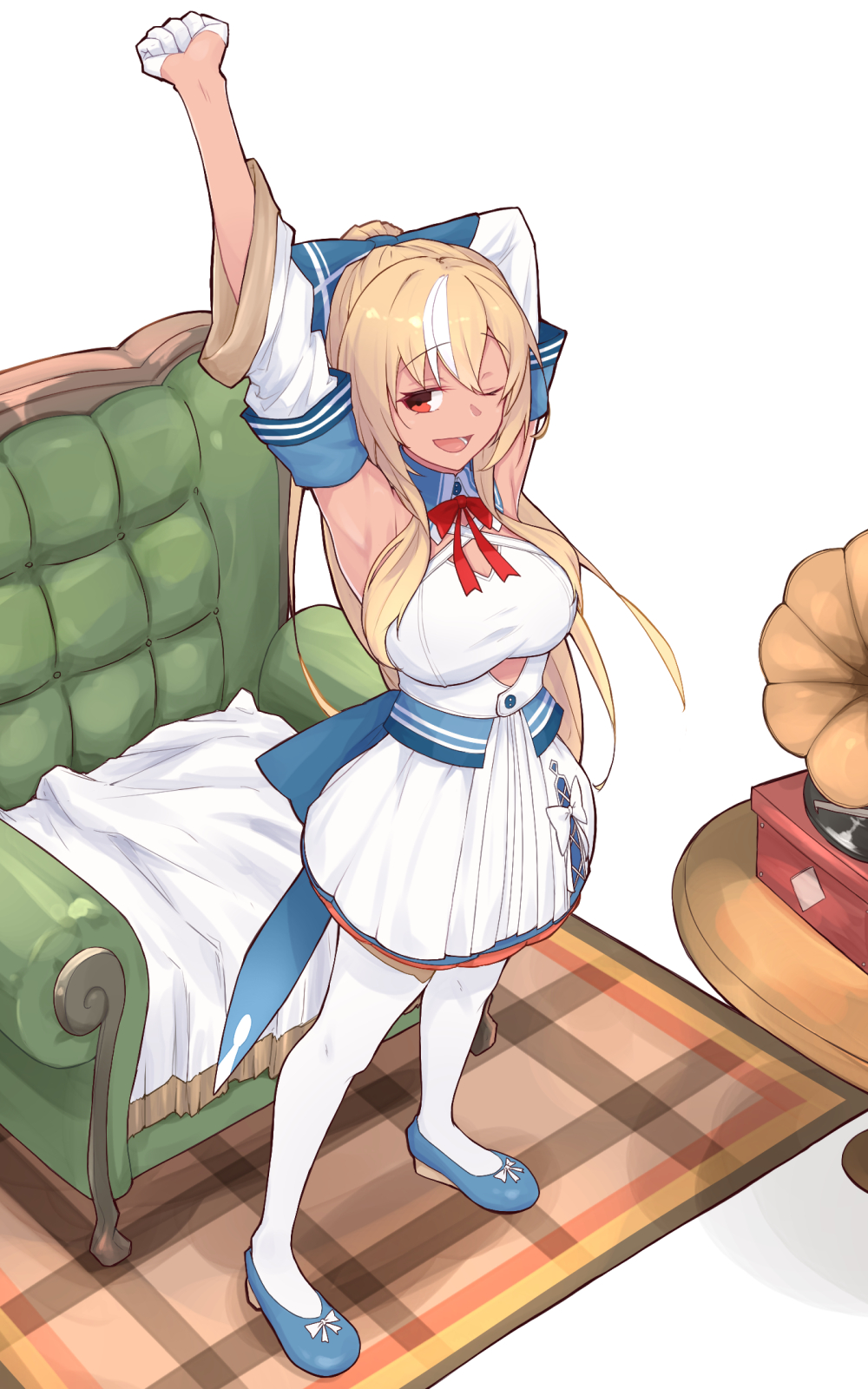 1girl blonde_hair bow breasts carpet detached_sleeves dress gloves half_gloves highres hololive large_breasts long_hair matatabiski one_eye_closed orange_eyes phonograph ponytail shiranui_flare stretching thighhighs virtual_youtuber white_dress