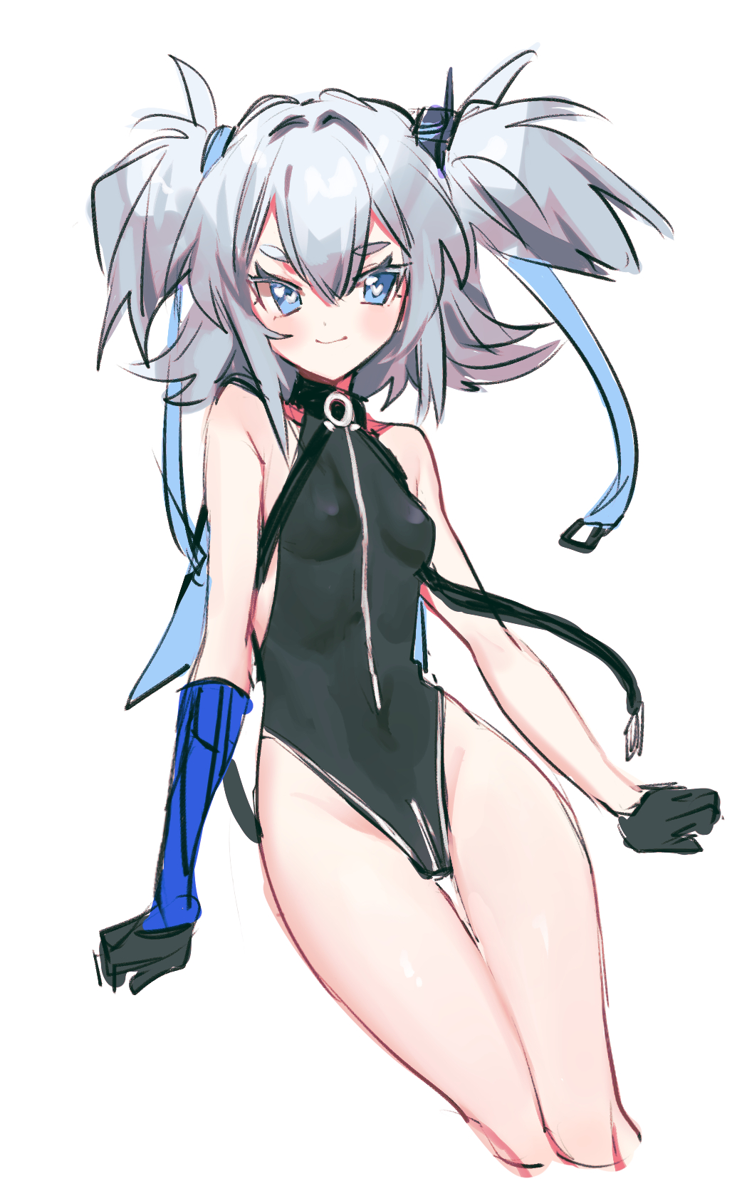 1girl black_one-piece_swimsuit blue_eyes blush closed_mouth girls'_frontline gloves grey_hair highres koyashaka looking_at_viewer pa-15_(girls'_frontline) short_twintails sketch smile solo swimsuit thighs twintails white_background