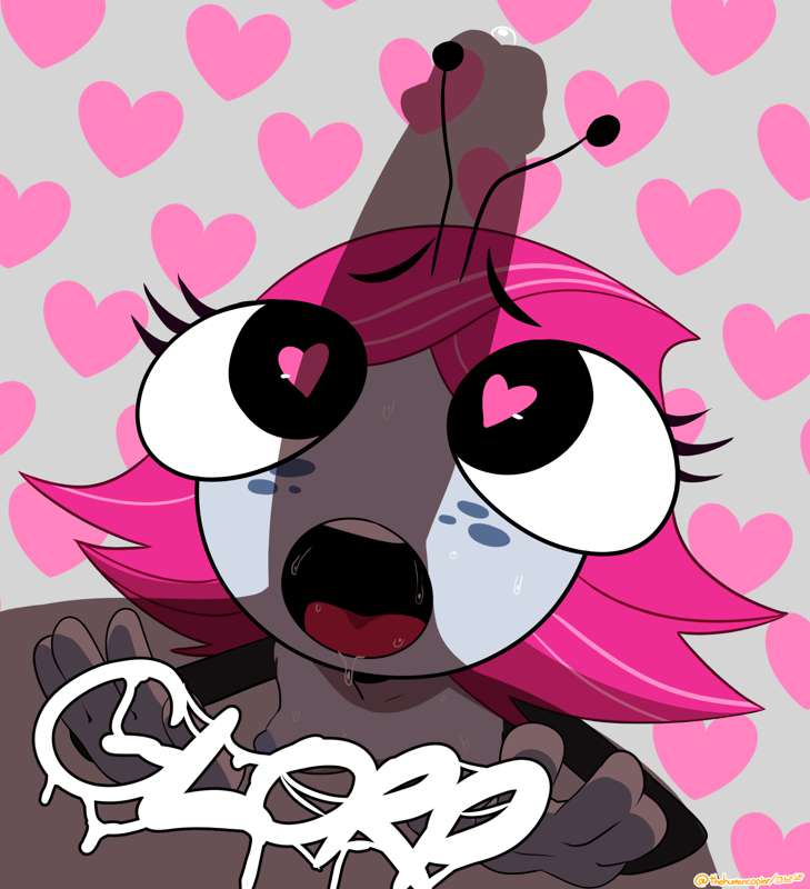&lt;3 &lt;3_eyes antennae_(anatomy) arthropod breasts disney duo female freckles genitals glorp hair horny humanoid_genitalia humanoid_penis maggie_pesky male male/female open_mouth penis pink_background pink_hair shadow short_hair simple_background the_buzz_on_maggie thehumancopier tongue
