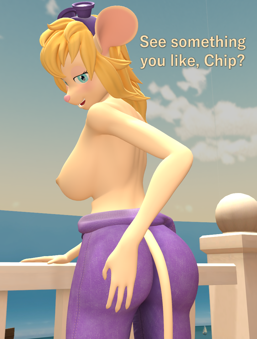 anthro big_breasts big_butt blonde_hair breasts butt chip_'n_dale_rescue_rangers clothed clothing dialogue disney female gadget_hackwrench hair holding_butt mammal mouse murid murine nipples papadragon69 rodent solo topless