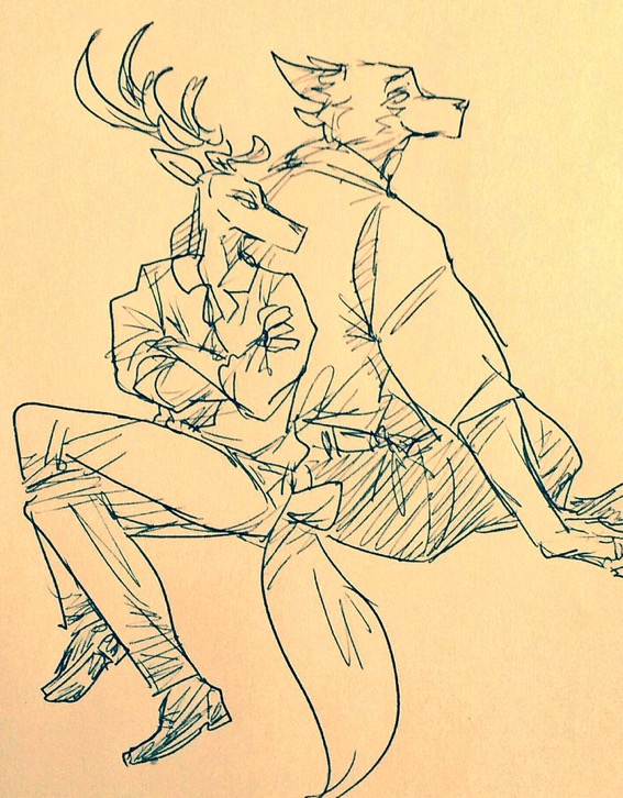 anthro back_to_back beastars canid canine canis cervid clothed clothing crossed_arms crossed_legs duo eye_contact fully_clothed legoshi_(beastars) looking_at_another louis_(beastars) male male/male mammal necktie sitting wolf wuffinarts