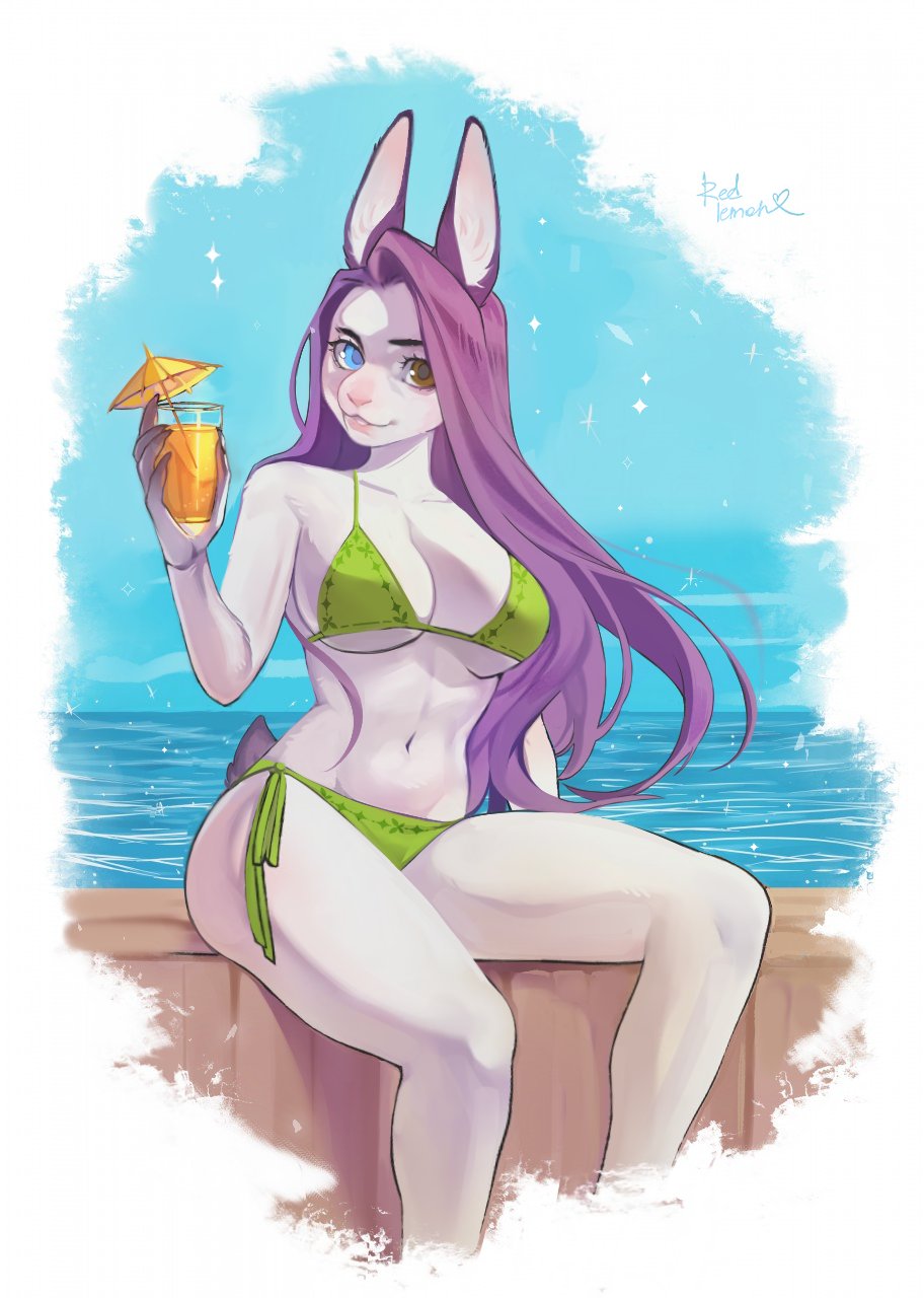 anthro beverage bikini breasts cleavage clothed clothing drink_umbrella female fur glass hair heterochromia hi_res lagomorph leporid long_hair looking_at_viewer mammal outside purple_hair rabbit redlemon sea sitting sky solo swimwear water white_body white_fur