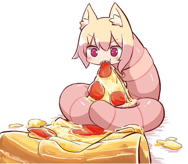1girl angry animal_ear_fluff animal_ears animalization blonde_hair borrowed_character cheek_bulge cheese commentary commission determined eating english_commentary food fox_ears fox_girl furrowed_brow holding holding_food holding_pizza human_head jaggy_lines kemomimi-chan_(naga_u) light_blush maqinpu naga_u_(style) open_mouth original pepperoni pink_eyes pizza pizza_slice red_eyes sharp_teeth shiny shiny_hair shiny_skin simple_background solo sparkling_eyes teeth v-shaped_eyebrows white_background worm