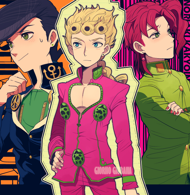 3boys anchor_symbol black_hair blonde_hair blue_eyes braid character_name crossed_arms diamond_wa_kudakenai earrings gakuran giorno_giovanna green_eyes hand_on_hip higashikata_josuke jewelry jojo_no_kimyou_na_bouken kakyoin_noriaki laphy male_focus multiple_boys peace_symbol pin pompadour red_hair red_nails school_uniform single_braid stardust_crusaders stud_earrings sweatdrop vento_aureo