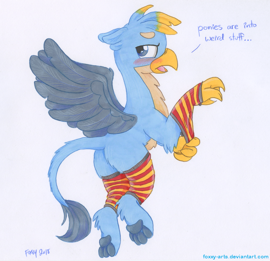 2018 4_toes avian beak bird_feet blue_body blue_eyes blue_feathers blue_pawpads butt clothing dialogue feathered_wings feathers feet feral flying foxx friendship_is_magic gallus_(mlp) gryphon half-closed_eyes hasbro legwear male my_little_pony mythological_avian mythology narrowed_eyes open_mouth pawpads paws signature solo stockings tail_tuft tan_body toes traditional_media_(artwork) tuft wings