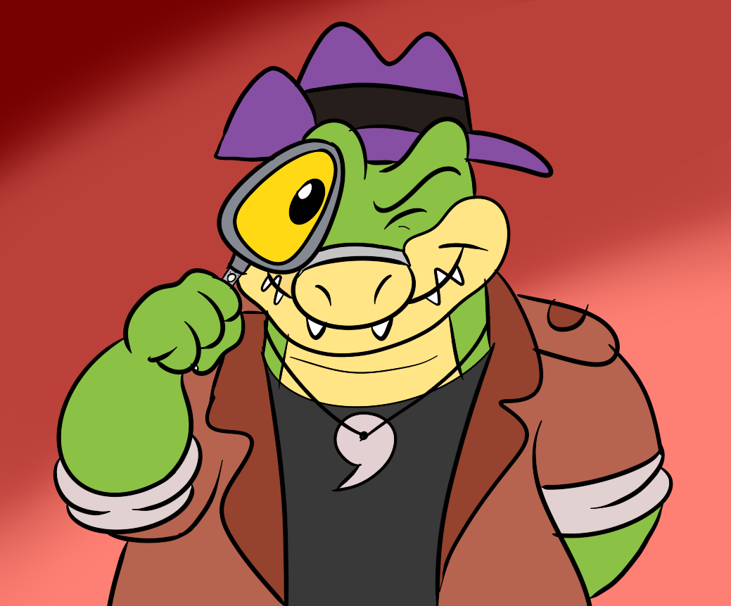 2022 alligator alligatorid anthro biped brok_(character) brok_the_investigator clothing crocodilian green_body hat headgear headwear humanoid_hands jolly_the_lizard jollyville magnifying_glass reptile scalie shirt solo topwear