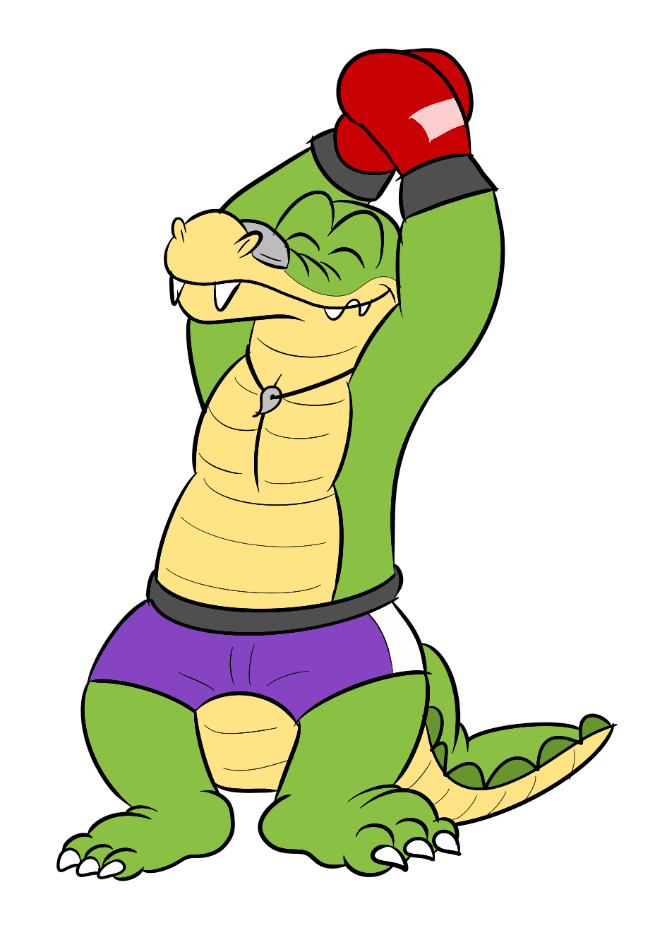 2022 alligator alligatorid anthro biped bottomwear boxing_gloves boxing_shorts brok_(character) brok_the_investigator clothing crocodilian eyes_closed green_body handwear hi_res jolly_the_lizard jollyville reptile scalie shorts solo video_games